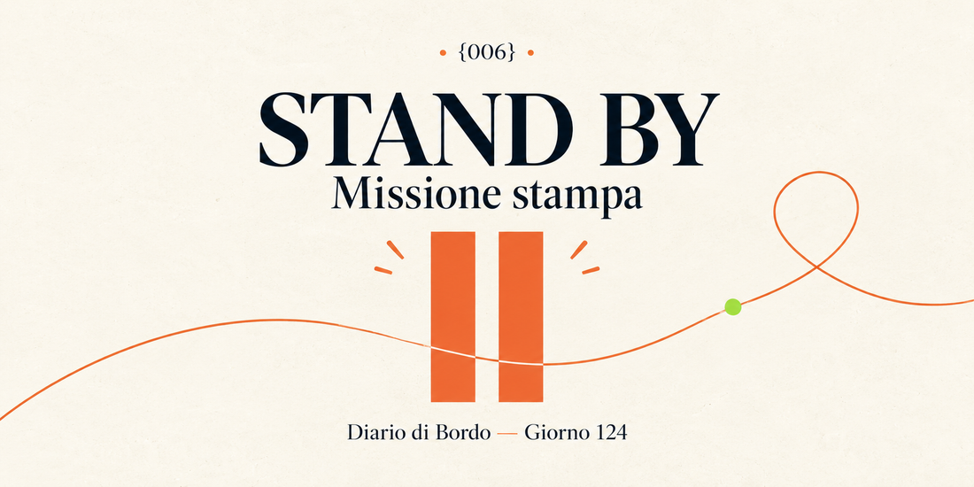 Stand by — Missione stampa. Diario di Bordo n. 6, Giorno 124. Simbolo pausa arancione su fondo avorio, attraversato da un filo con un piccolo punto verde.