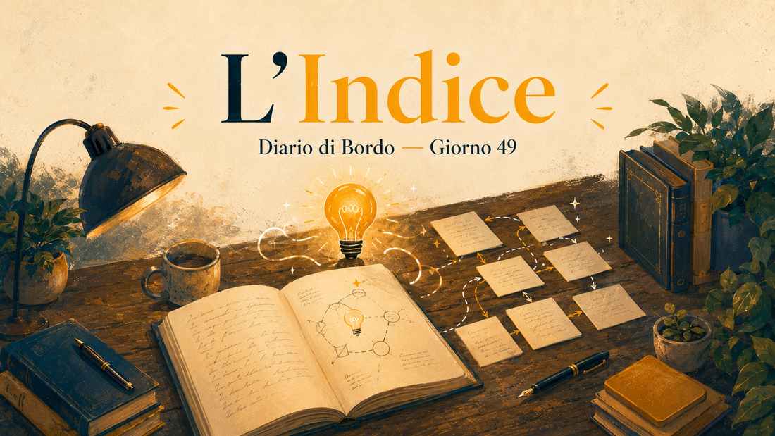 Illustrazione del post “L’Indice” di BipoBooks, con un manoscritto aperto, schede dei capitoli e una lampadina luminosa su un tavolo da lavoro.