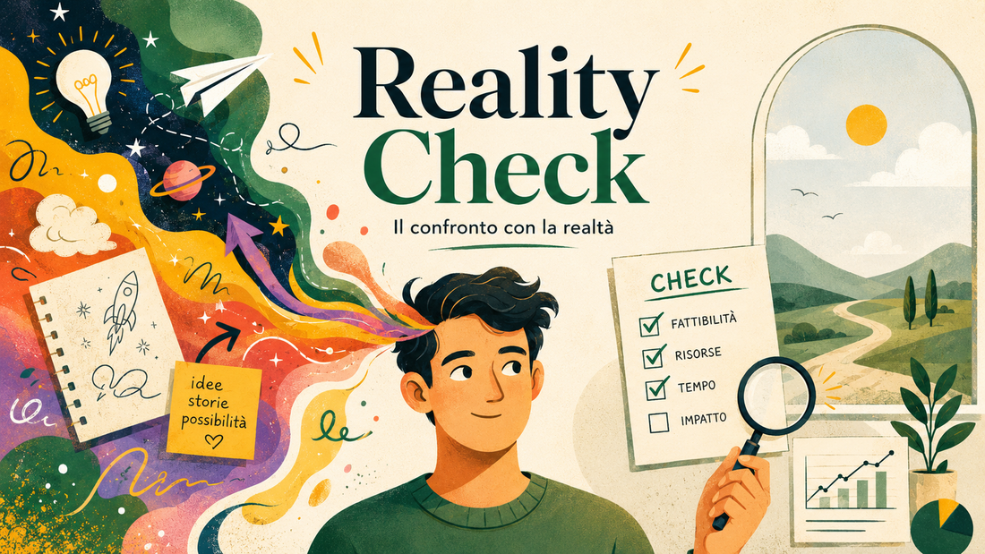 Illustrazione di una persona che confronta idee, possibilità e immaginazione con una checklist di fattibilità, risorse, tempo e impatto.